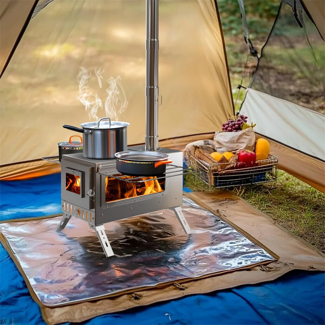 Portable Wood Stove with 6 Stainless Chimney Pipes for Outdoor Heating & Cooking