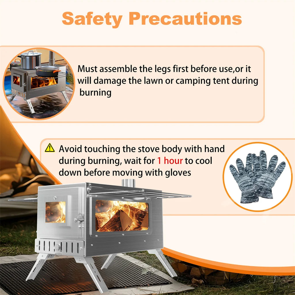 Portable Wood Stove with 6 Stainless Chimney Pipes for Outdoor Heating & Cooking
