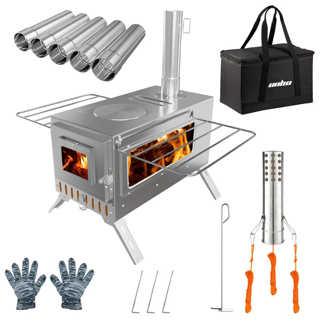 Portable Wood Stove with 6 Stainless Chimney Pipes for Outdoor Heating & Cooking