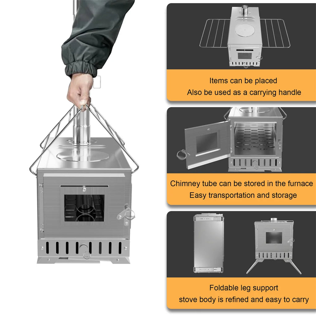 Portable Wood Stove with 6 Stainless Chimney Pipes for Outdoor Heating & Cooking