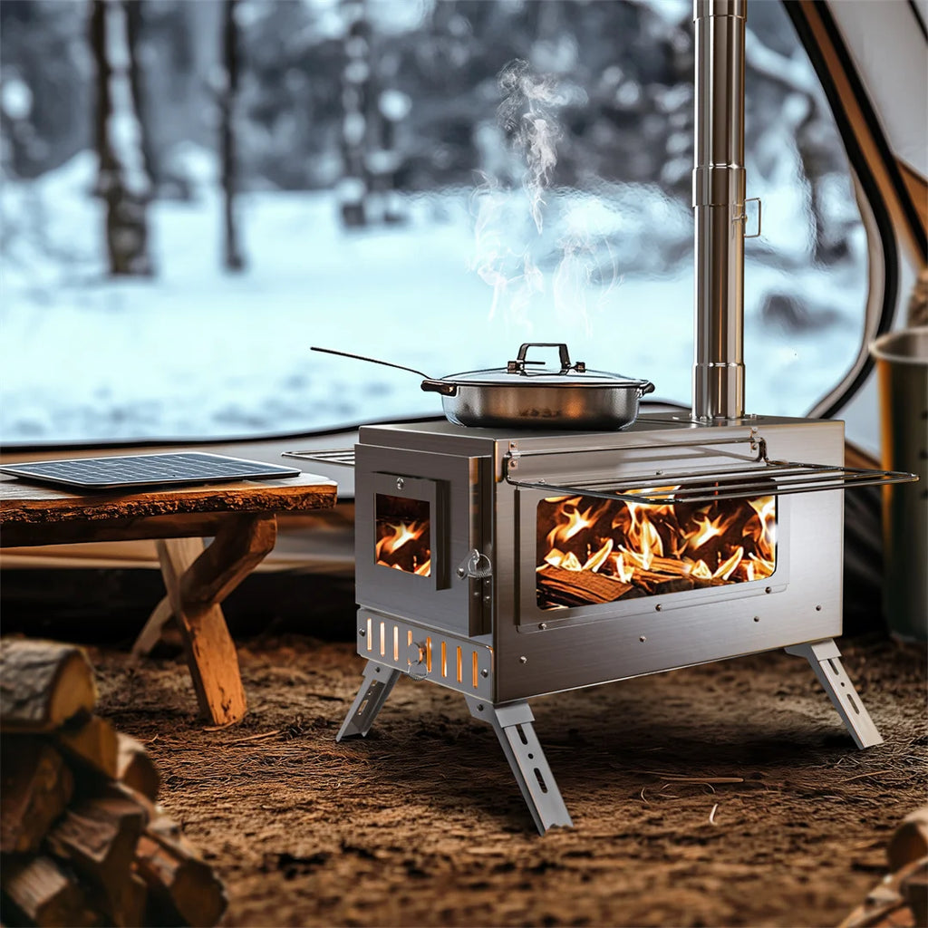 Portable Wood Stove with 6 Stainless Chimney Pipes for Outdoor Heating & Cooking