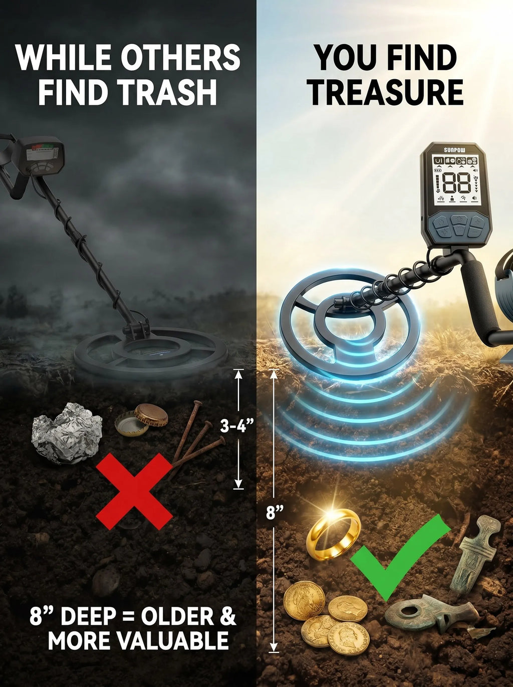Metal Detector for Adults,8" IP68 Waterproof Coil Rechargeable