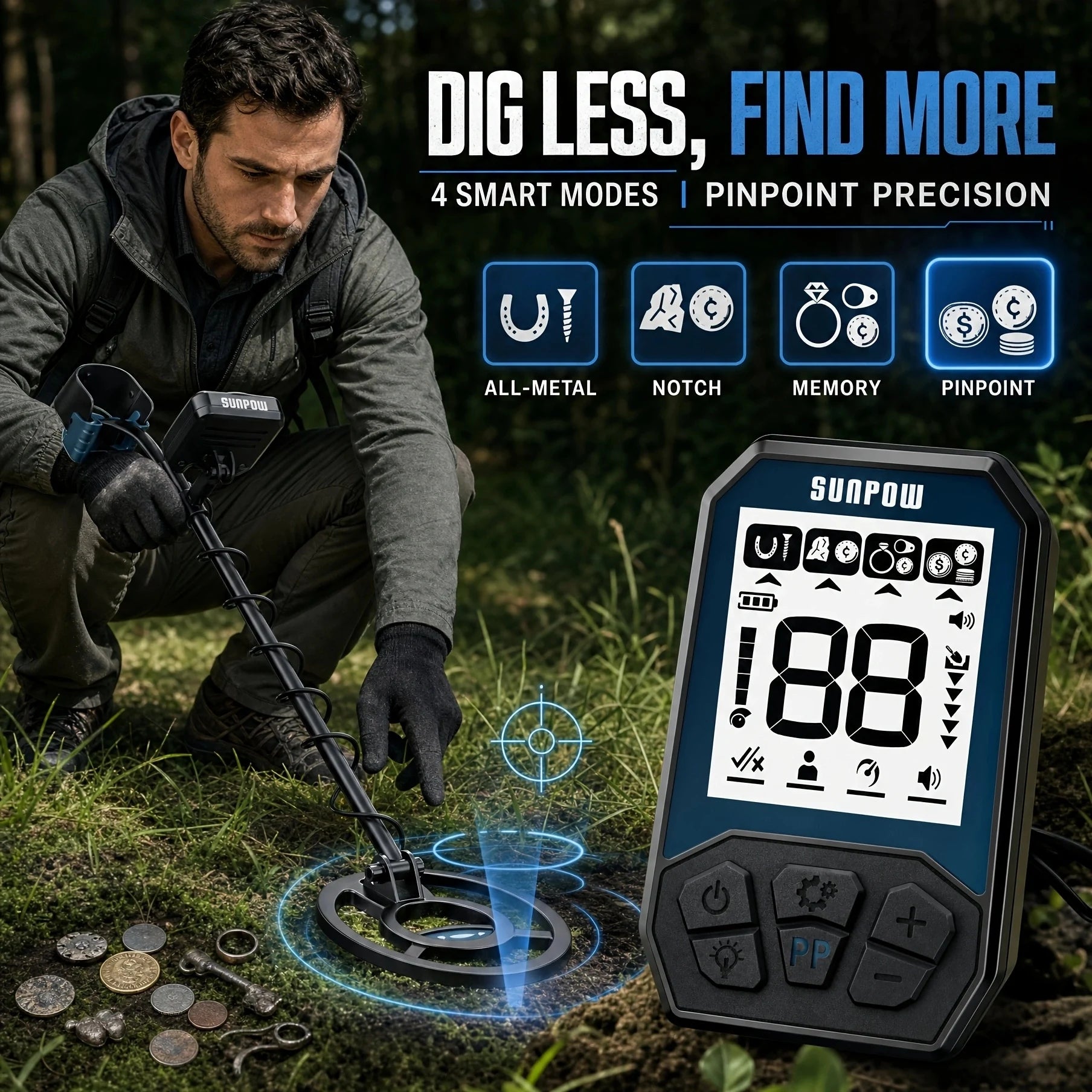 Metal Detector for Adults,8" IP68 Waterproof Coil Rechargeable