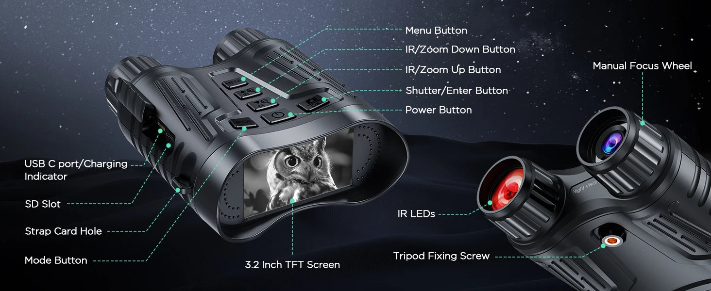 Night Vision Binoculars  8X Digital Zoom 1000ft HD 1080P with IR Illuminator & Video Recording