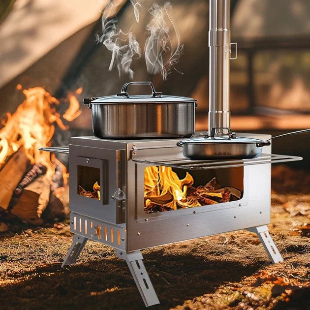 Portable Wood Stove with 6 Stainless Chimney Pipes for Outdoor Heating & Cooking