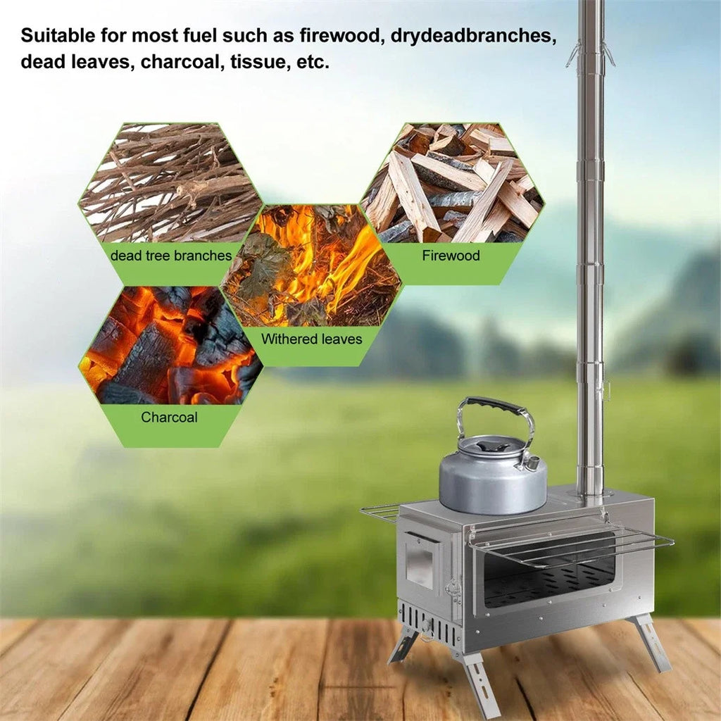 Portable Wood Stove with 6 Stainless Chimney Pipes for Outdoor Heating & Cooking