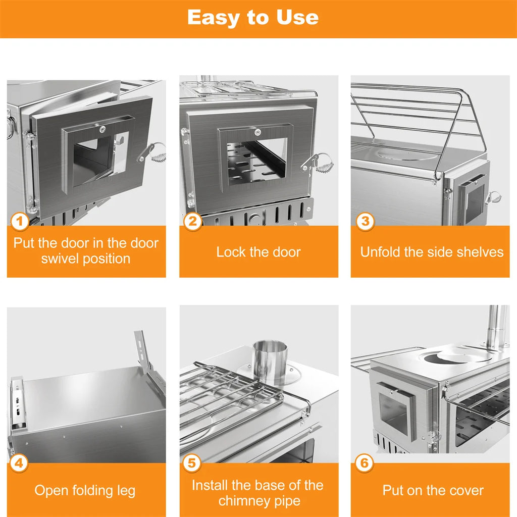 Portable Wood Stove with 6 Stainless Chimney Pipes for Outdoor Heating & Cooking