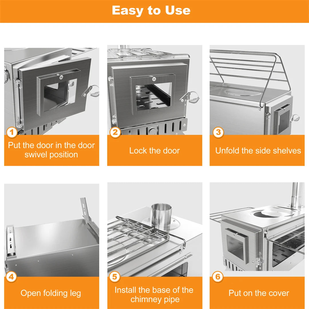 Portable Wood Stove with 6 Stainless Chimney Pipes for Outdoor Heating & Cooking