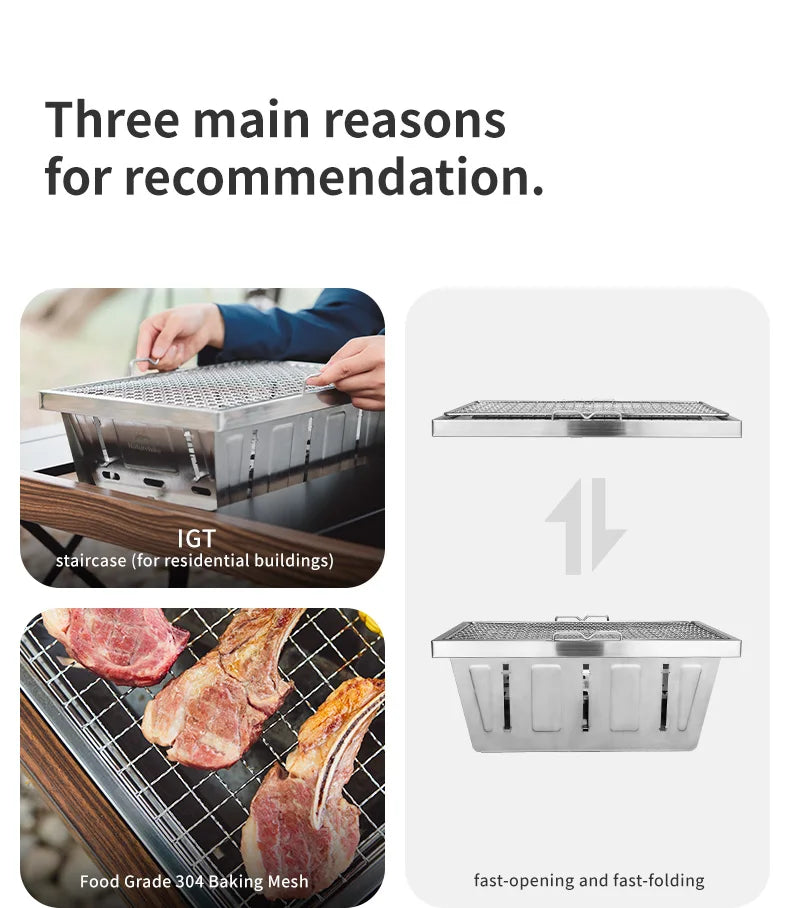 Naturehike Camping Charcoal Grill for IGT Table Portable Folding Barbecue Grill with Tongs Outdoor Car Cooking BBQ Rack