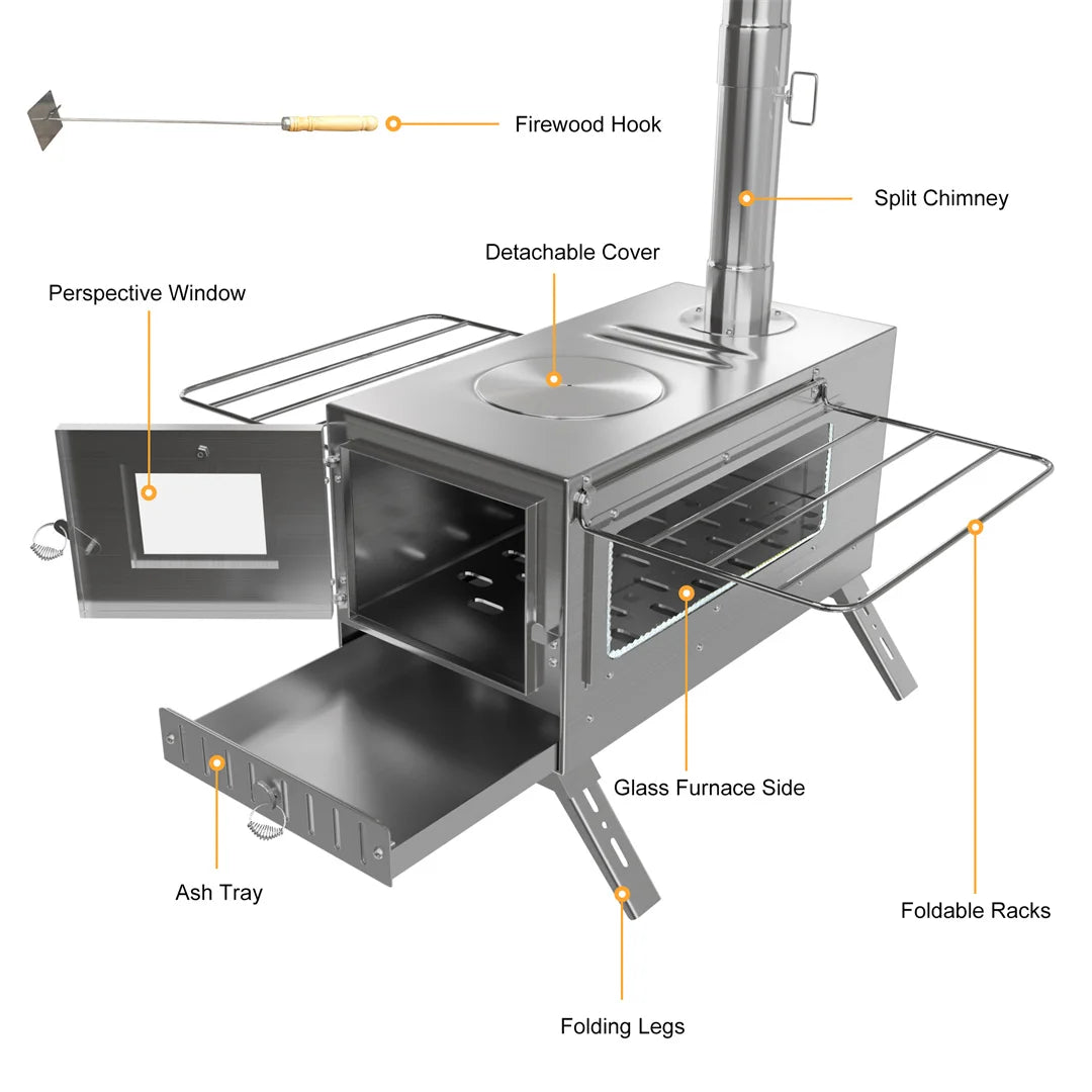 Portable Wood Stove with 6 Stainless Chimney Pipes for Outdoor Heating & Cooking