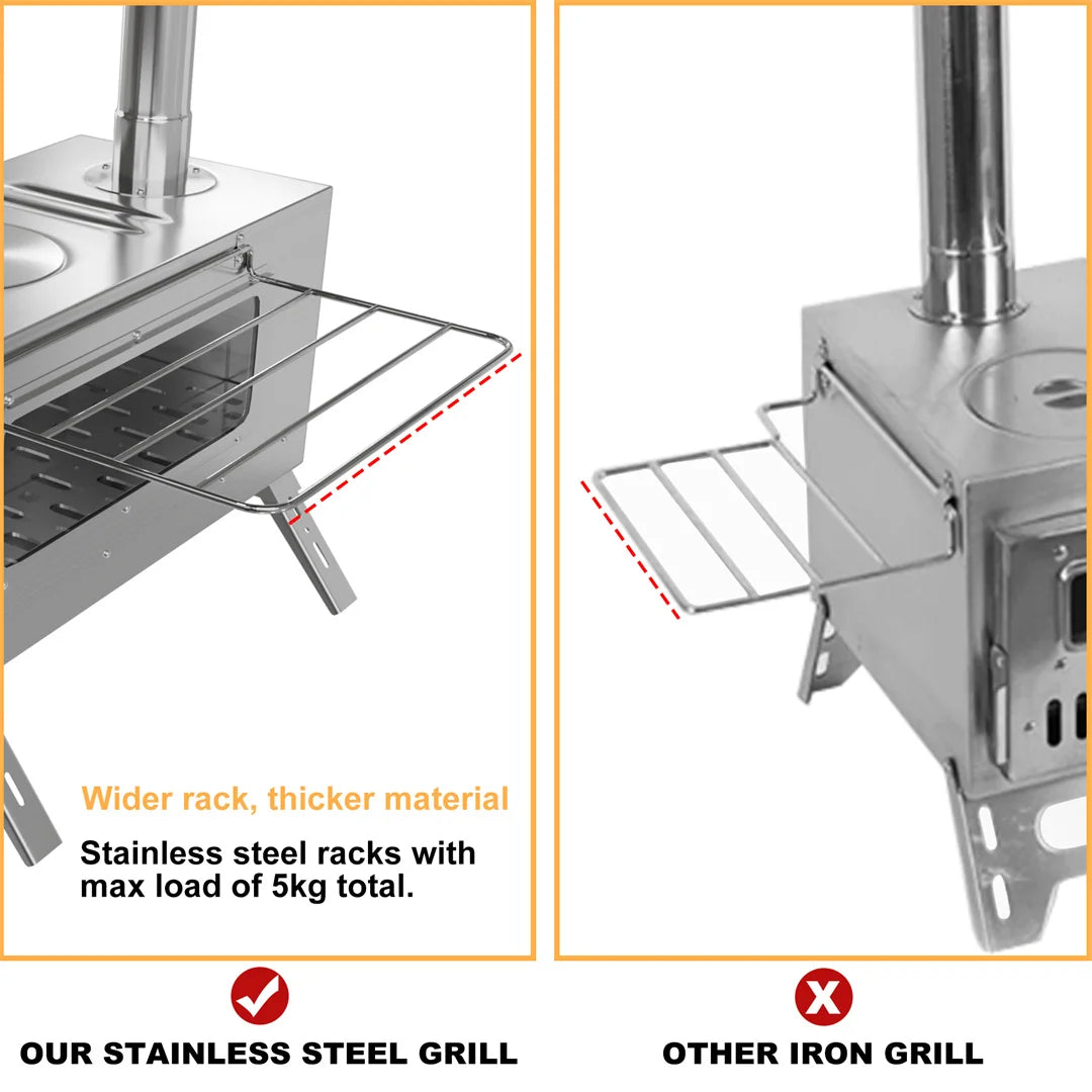Portable Wood Stove with 6 Stainless Chimney Pipes for Outdoor Heating & Cooking