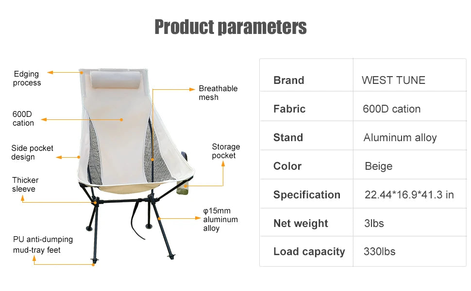Folding Camping Chair with Headrest Lightweight