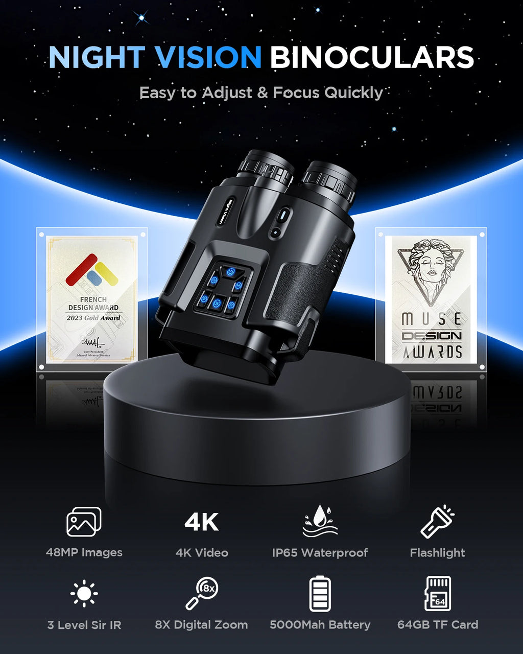 4K Night Vision Binoculars for Adults With Tactical Light,