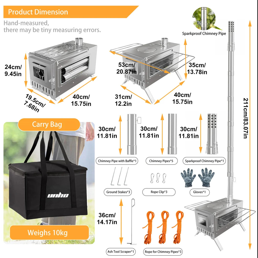 Portable Wood Stove with 6 Stainless Chimney Pipes for Outdoor Heating & Cooking