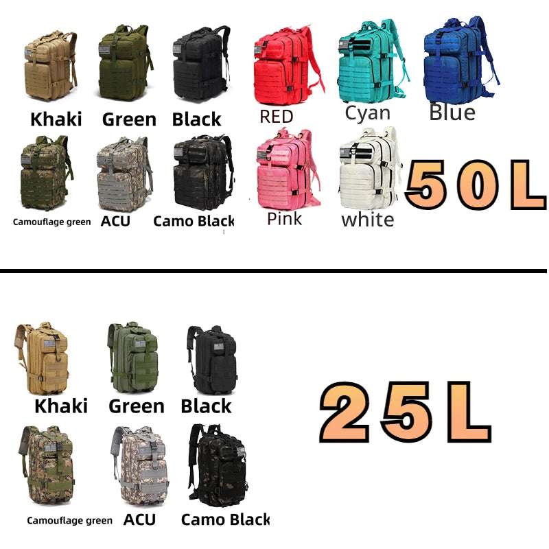 25L/50L  Nylon Waterproof  Backpack Outdoor Rucksacks