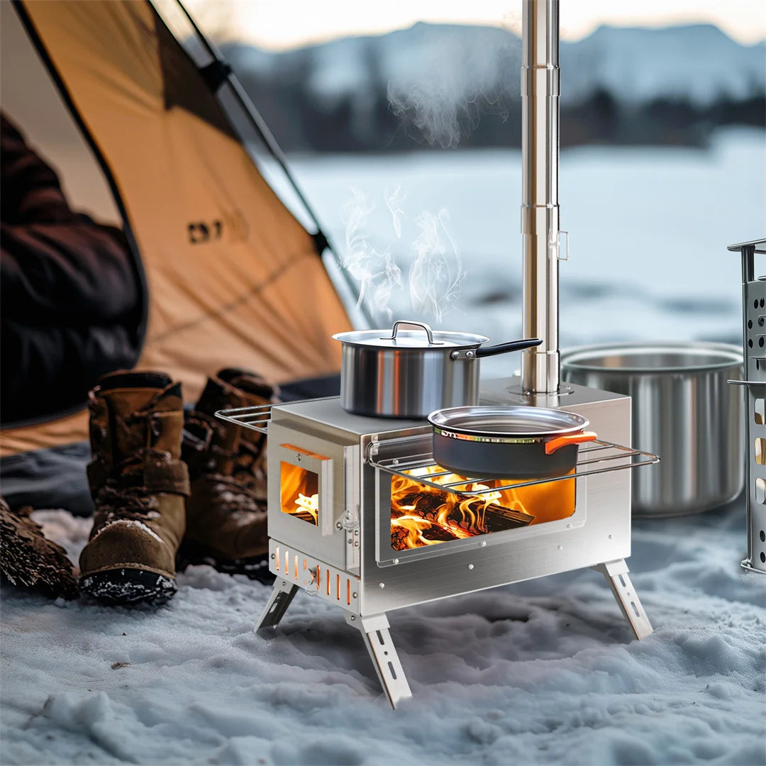 Portable Wood Stove with 6 Stainless Chimney Pipes for Outdoor Heating & Cooking