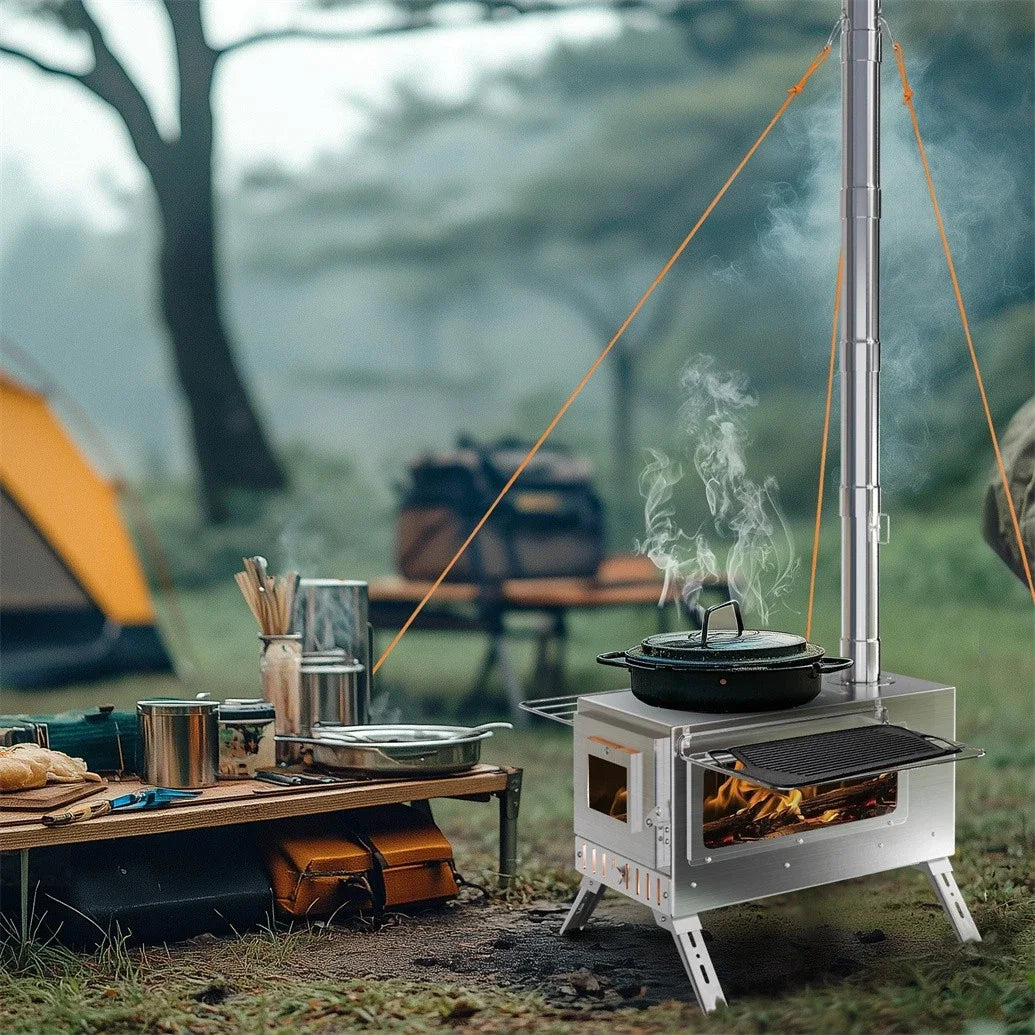 Portable Wood Stove with 6 Stainless Chimney Pipes for Outdoor Heating & Cooking